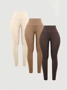 INAWLY Bộ 3 quần legging cạp cao màu trơn có gân cỡ lớn cho nữ - Nhiều màu - Xem 2