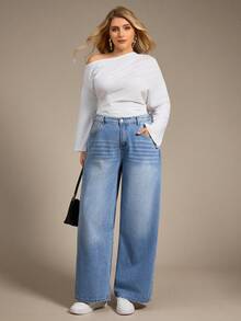 Auralis Quần Jeans Ống Rộng Màu Đen Dáng Rộng Cho Nữ Size Lớn - Rửa trung bình - Xem 5