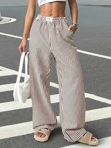 SHEIN EZwear 棕色条纹梭织休闲阔腿裤 - 棕色 - 查看 4