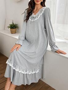 Moonlight&Mama Váy ngủ bà bầu dài tay viền ren tương phản dệt kim thoải mái, mùa đông - Màu Xám nhạt - Xem 3