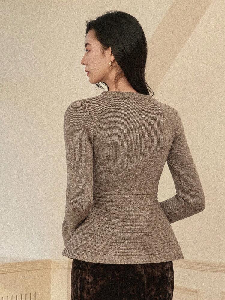 Women's Elegant Commuter Button Decor Ruffle Hem Sweater, Autumn Business Casual Woman
