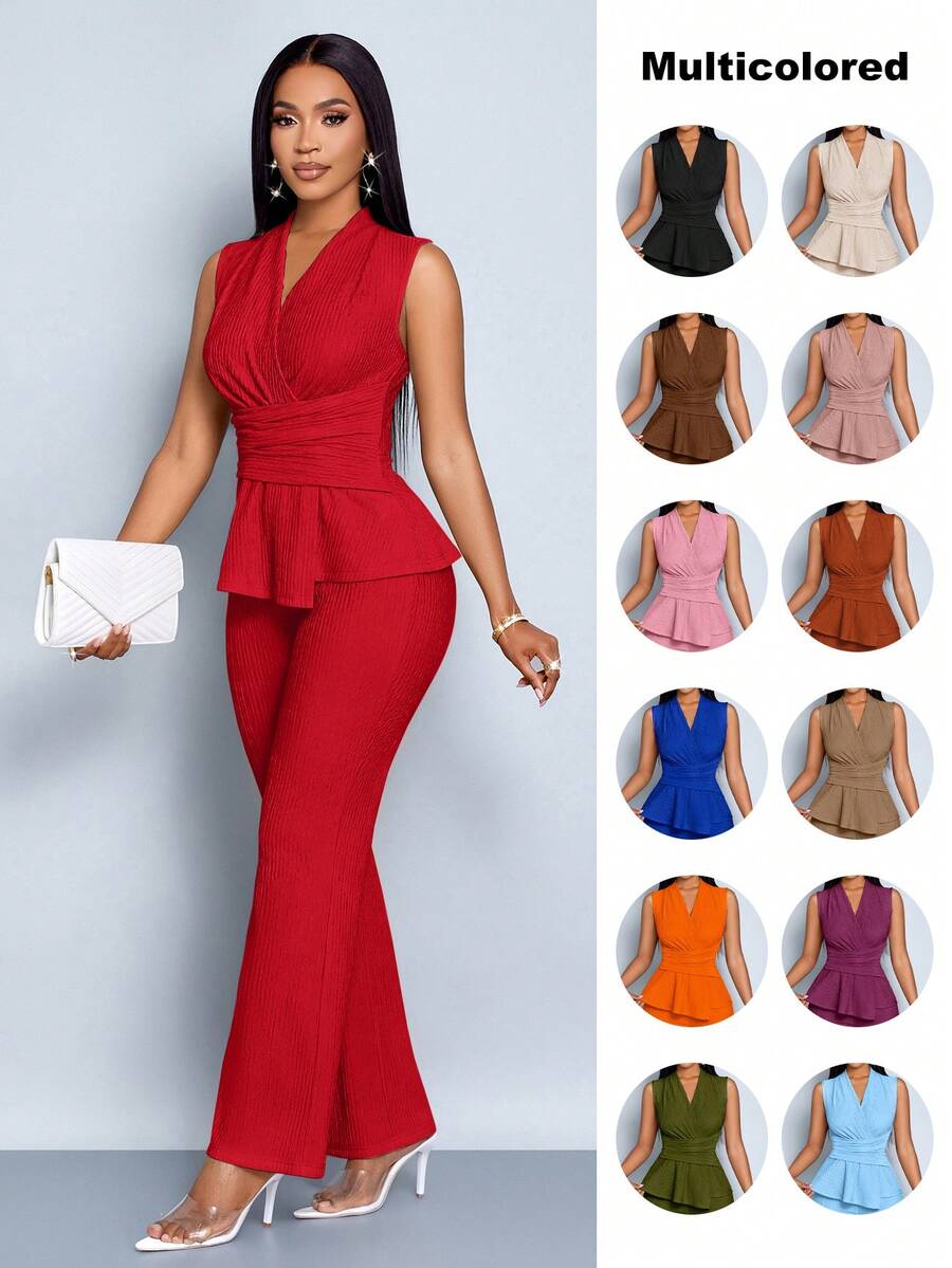 SOLERSUN 女士杏色优雅V领长袖T恤阔腿裤两件套不对称下摆两件套日常休闲女士春夏无袖短袖 - 紅色 - 查看 1