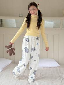DAZY Pantalones de estar por casa de felpa con estampado de koalas para niñas preadolescentes - Blanco - Ver 3