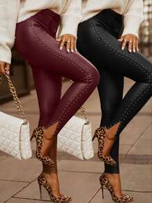 INAWLY Rivet Decor High Waist Slit Faux Leather Sexy Skinny Pants - Multicolor - View 1