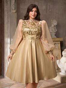 Aureia Váy cưới chữ A tay bồng cổ cao sang trọng, đính sequin lấp lánh, lãng mạn cỡ lớn, phù hợp cho đám cưới, tiệc tùng, lễ kỷ niệm, sự kiện trang trọng, váy dạ hội (Thiết kế đính đá lộng lẫy) - Rượu sâm banh - Xem 5