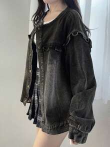 FRIFUL 女士休闲水洗牛仔外套，荷叶边下摆，秋季款 - 黑色 - 查看 6