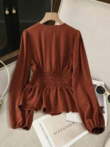 Modelyn 法式V领褶皱腰身修身长袖女式衬衫，秋季款