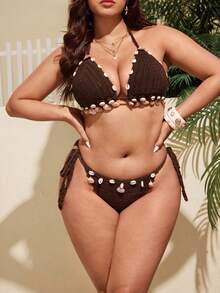 Swim Vcay 2026 Women's Plus Size Swimwear Set,Boho Shell Decor Crochet Beach Bikini,Summer Holiday Vacation Outfit Swimwear - Brown - View 1