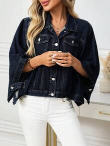 EMERY ROSE Women's Fleece Bat Wing Sleeve Single-Breasted Loose Denim Jacket,Navy Blue,Autumn,Oversized,Everyday Jean Shirt Top 2 Piece Denim Sets For Woman - Blue - View 6
