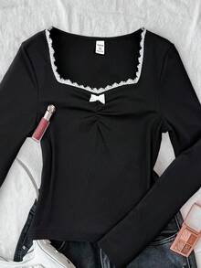 Camiseta casual de manga larga con busto fruncido y ribete de encaje, de punto azul para adolescentes - Negro - Ver 3