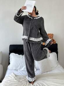 Dream Adore 2pcs Plus Size Flannel Lace Decor Long Sleeve Pajama Set, Fluffy Winter Clothes - Grey - View 6