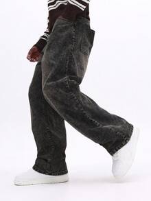 SUMWON 阔腿酸洗牛仔裤，纽扣门襟，宽松版型，休闲街头风，秋冬时尚 - 黑色 - 查看 4