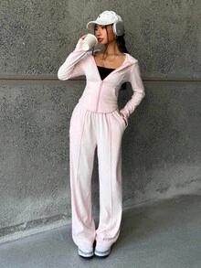 SHEIN 2 件套青少年女孩粉色修身套头连帽衫 + 长款连帽衫休闲时尚百搭服装 - 粉色 - 查看 3