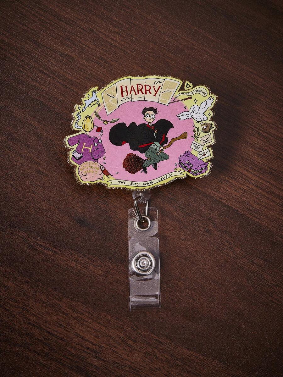 HARRY POTTER X SHEIN 1枚亚克力闪光卡通趣味印花胸针，可自由伸缩，360°旋转，时尚可爱，多功能易扣 - 粉色 - 查看 1