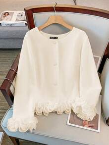 GlowEve CURVE 大码女式圆领长袖外套，简约百搭设计，适合秋冬季日常通勤，时尚荷叶边袖口 - 杏色 - 查看 1