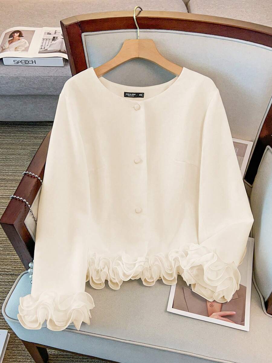 GlowEve CURVE 大码女式圆领长袖外套，简约百搭设计，适合秋冬季日常通勤，时尚荷叶边袖口 - 杏色 - 查看 1