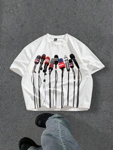 Manfinity ZONE917 High Quality Loose Street Style Microphone Print Black Short Sleeve T-Shirt