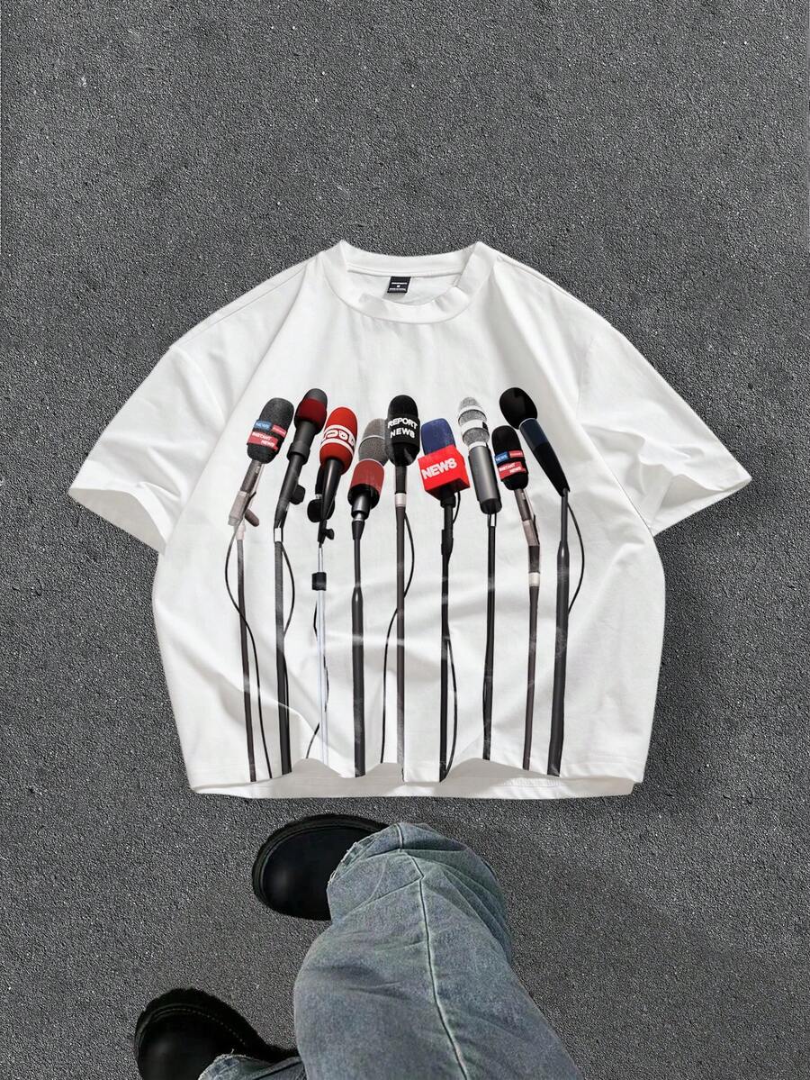 Manfinity ZONE917 High Quality Loose Street Style Microphone Print Black Short Sleeve T-Shirt