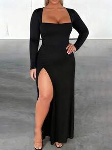 INAWLY Fitted Sexy Square Neck Backless Lace-Up Hem High Slit Long Sleeve Dress, Plus Size Fall - Black - View 3