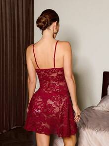 Slumberist 针织提花睡袍和性感蕾丝吊带睡衣套装 - 酒紅色 - 查看 7