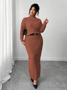 Elenzga 大码毛衣和紧身裙两件套，休闲宽松圆领套头衫 - 鏽棕色 - 查看 4