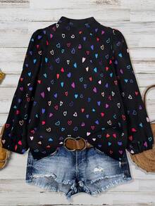 Linhara Camisa de manga larga con estampado de corazones de colores para tallas grandes - Negro - Ver 2