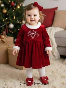 Cozy Pixies Baby Girl Christmas Snowflake & Letter Print Patchwork Fluffy Decor Round Neck Long Sleeve Waist Cinched Dress - Red - View 10