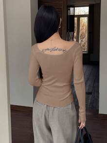 DAZY Women's Solid Color V-Neck Ribbed Oblique Shoulder Single-Breasted Long Sleeve Knitted Cardigan Spring - Gold - View 2