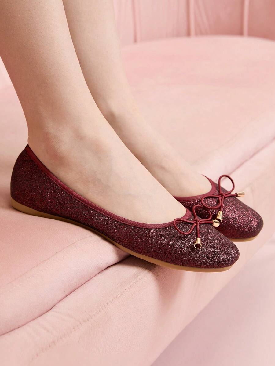CUCCOO DOLLMOD Fashionable Shiny Comfortable Bow Tie Burgundy Flat Shoes For Christmas - Burgundy - View 1