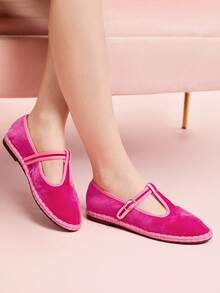 CUCCOO DOLLMOD Women's Elegant Velvet T-Strap Mary Jane Flat Shoes, Peach Pink - Pink - View 5