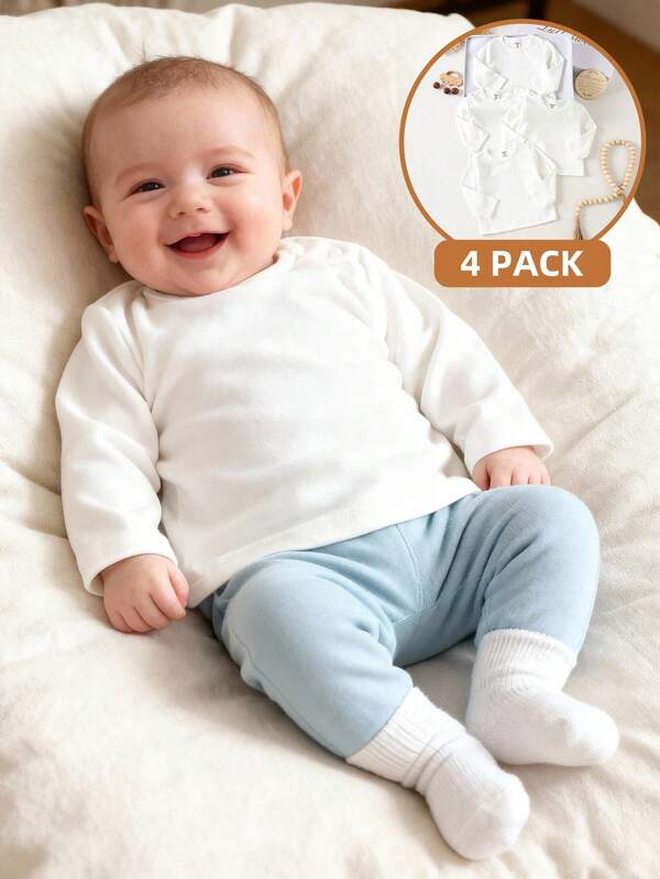 Newborn Baby White Long Sleeve T-Shirt, Versatile, Skin-Friendly, Minimalist Style, Comfortable Top, Multi-Pack