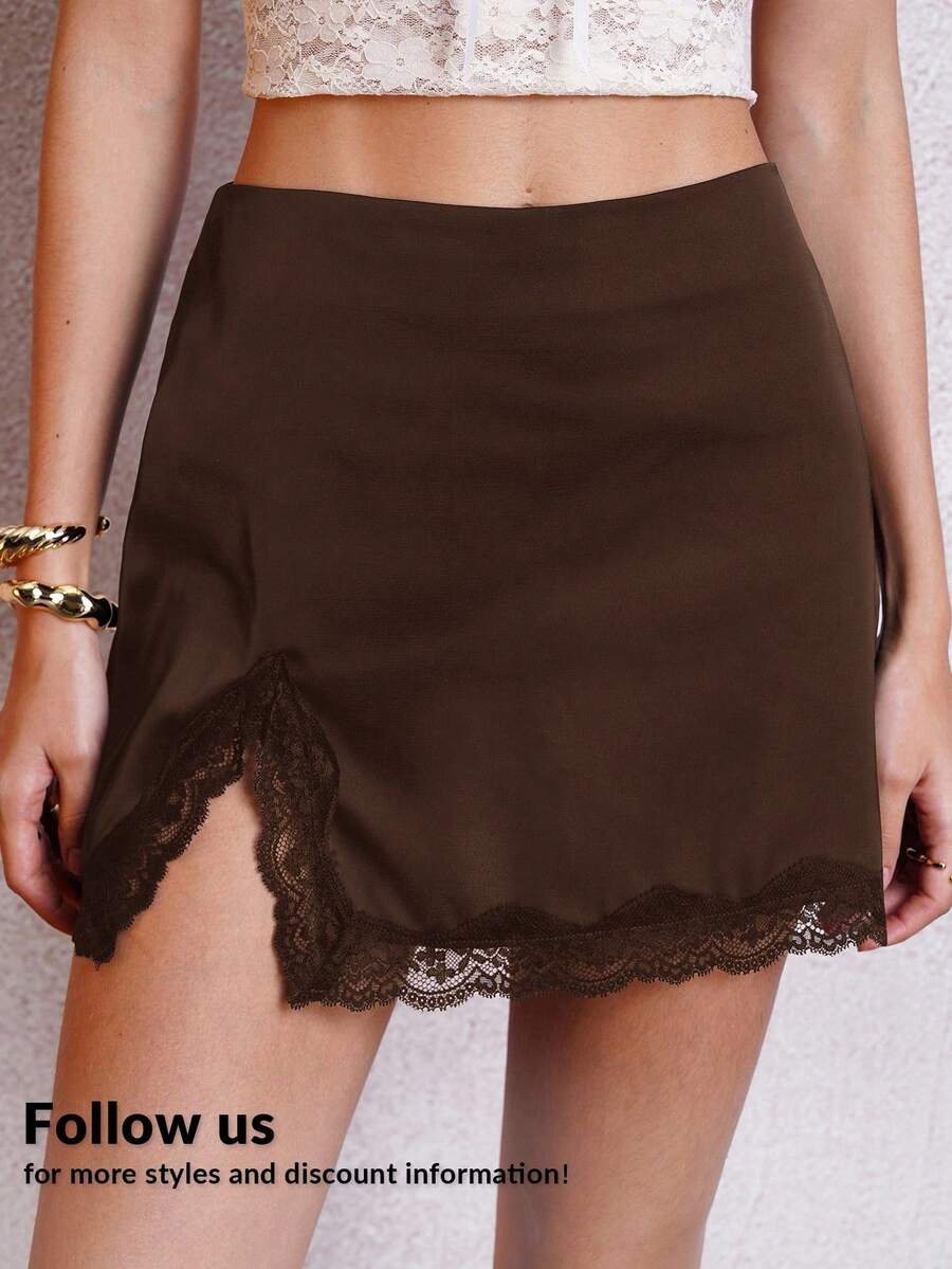 Lavishia Váy xòe ren satin tương phản gợi cảm thanh lịch ôm sát dành cho nữ, màu đen - Cà phê nâu - Xem 1