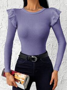 Cottnline 95% Cotton Ribbed Knit Ruffle Trim Tee - Lilac Purple - View 5