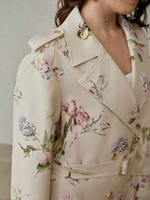 MOTF PREMIUM PLUS SIZE FLORAL PRINT LAPEL COLLAR SLANT POCKET BUCKLE BELTED LONGLINE TRENCH COAT