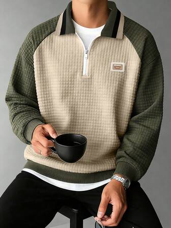 Manfinity Hypemode Men's Textured Letter Patchwork Raglan Sleeve Zip-Up Casual Hoodie