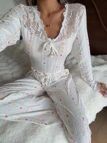 SHEIN Floral Lace Panel Women Pajama Set, Winter Clothes - White - View 3