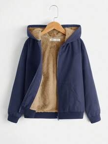 SHEIN 青少年男童休闲舒适百搭保暖连帽加厚冬季外套 - 藏蓝色 - 查看 2