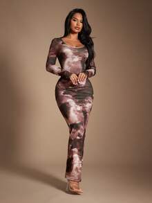 Radiana 女士休闲优雅棕色扎染图案修身连衣裙，长袖，舒适休闲，适合居家、日常穿着、约会、通勤，面料柔软有弹性，基础款连衣裙 - 彩色 - 查看 2