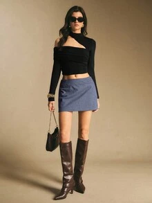Poéselle Quần short cạp thấp họa tiết kẻ caro thường ngày dành cho nữ, phù hợp mặc hàng ngày, đi làm và đi chơi vào mùa hè - Màu xanh hải quân - Xem 6