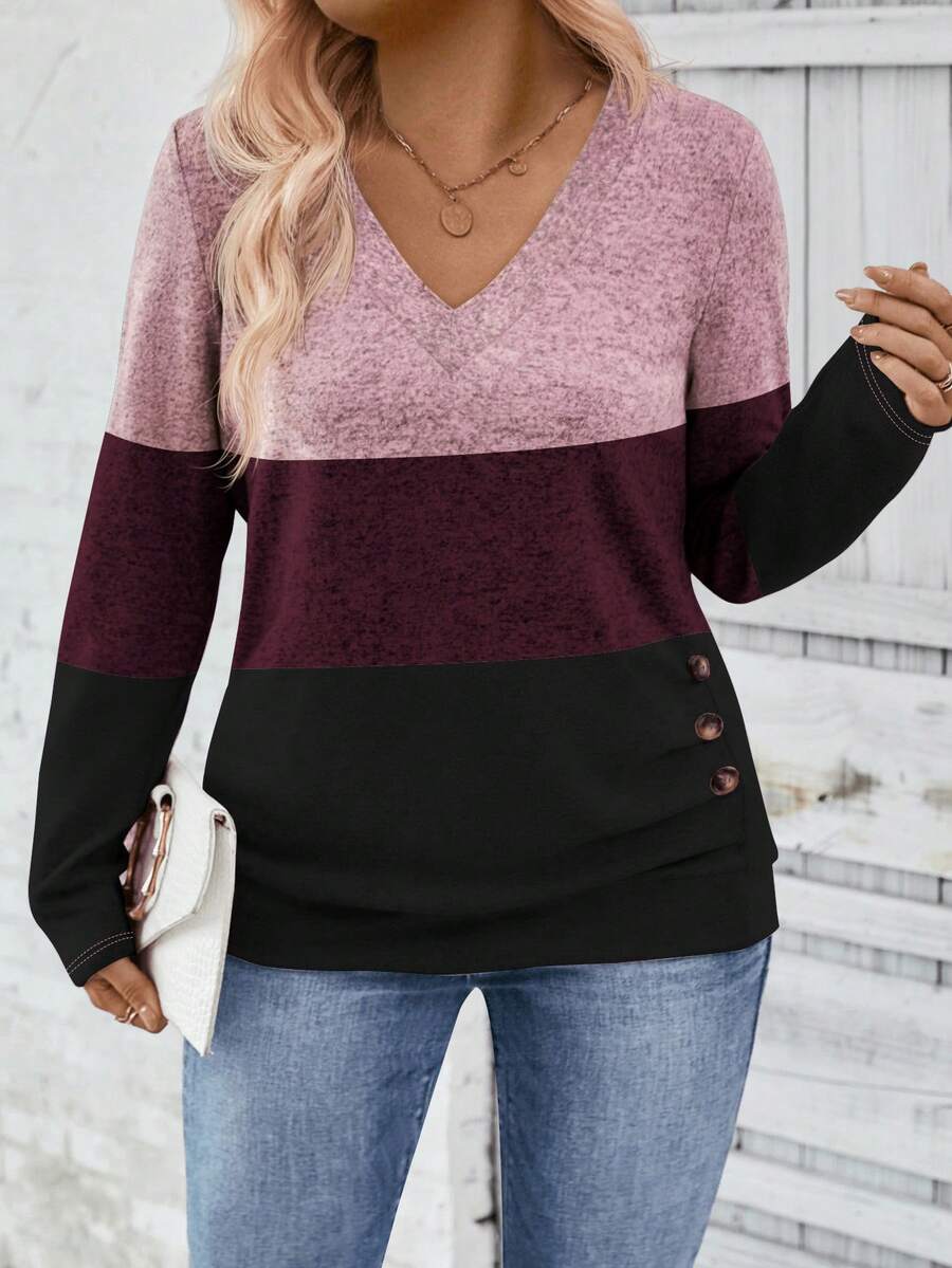 EMERY ROSE 女士V领长袖三色设计休闲针织加大码T恤，秋冬春季上衣 - 彩色 - 查看 1