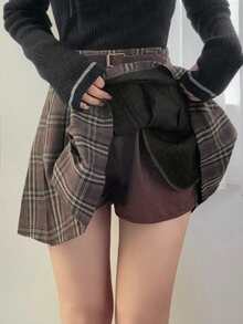 FRIFUL Gonna a-line casual e versatile da donna, con cintura in vita, decorata con pieghe e motivo a quadri, adatta per l'autunno/inverno - Castano - Visualizzare 1