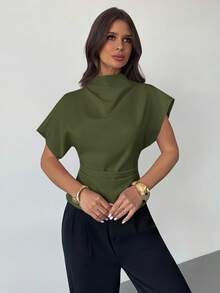 Firerie Crinkle Collar Asymmetrical Sleeve Side Ruched Waist Slim Fit Apricot Bamboo Fiber Fabric Blouse For Women, All Season Solid Color Tops Dark Green Top Olive Green Top Women Tops Elegant - Army Green - View 4