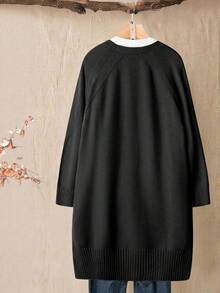 Linhara Plus Size Women's Solid Color Knitted V-Neck Long Sleeve Mid-Length Casual Cardigan, Winter - Black - View 2
