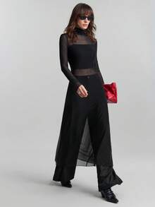 Ontre 2026春夏女装长袖收腰透视网纱中长连衣裙，优雅宽松版型，适合春夏穿着，场合：情人节、度假、派对、工作、办公室、商务休闲、日常穿着、都市时尚 - 藏蓝色 - 查看 6