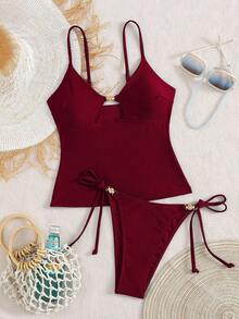 Swim Chiccia Women's Beach Summer Music Festival Spaghetti Strap Metal Jewelry Knotted Thong Mature Vacation Style Tankini Set - Burgundy - View 5