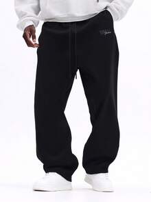 SUMWON Casual Drop Crotch Sweatpants With Embroidered Logo Detail And Relaxed Straight Fit For Everyday Comfort Plain - Black - View 2