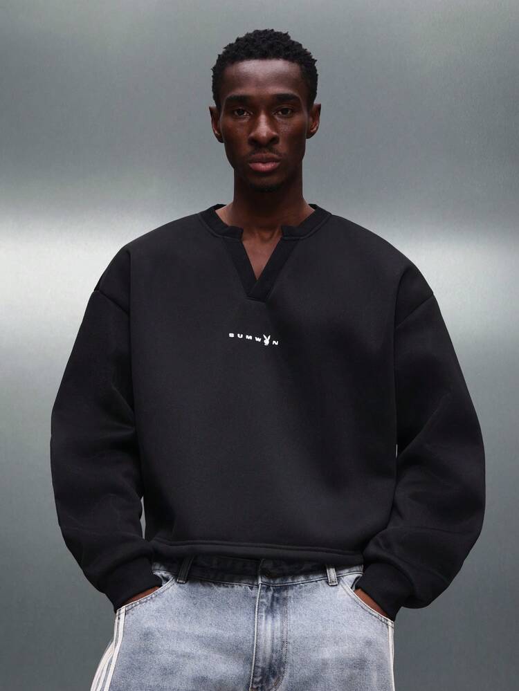 PLAYBOY X SUMWON V-Neck Long Sleeve Pullover Sweatshirt With Logo