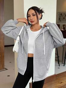 SHEIN EZwear 女士保暖内衬灰色连帽拉链运动衫，适合秋冬季 - 灰色 - 查看 3