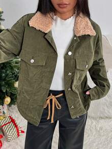 Rivivi Women's Casual Versatile Y2K Retro Corduroy Thermal Lined Thickened Regular Jacket - Green - View 4