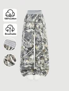 Girlism Teen Girl New Vintage Fashion Soft Comfortable Y2K Oversized Tree Branch Print Elastic Waist Jeans, Fall Winter,Casual And Versatile For Fall/Winter Dailywear And Streetwear,Christmas, New Year,Thanksgiving,Graduation - Brown - View 1